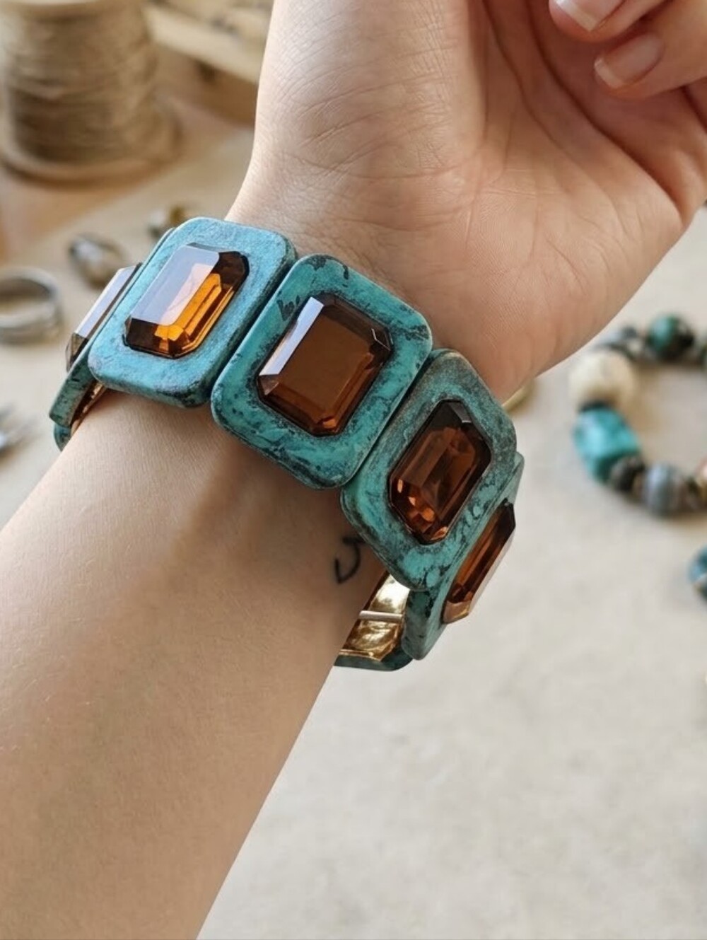 Robert Lee Morris Soho Verdigris & Amber Crystal Stretch Bracelet